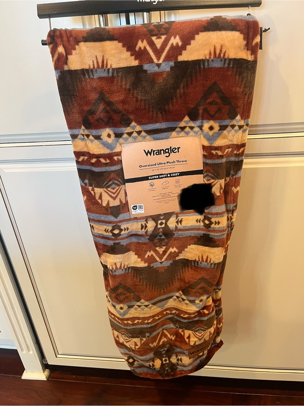 Wrangler Oversized Plush Throw Blanket- Rust, Brown, Blue, Tan Aztec Print